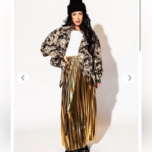 Dressed in LALA Metallic Pleated Maxi Skirt in 24 Karat Gold